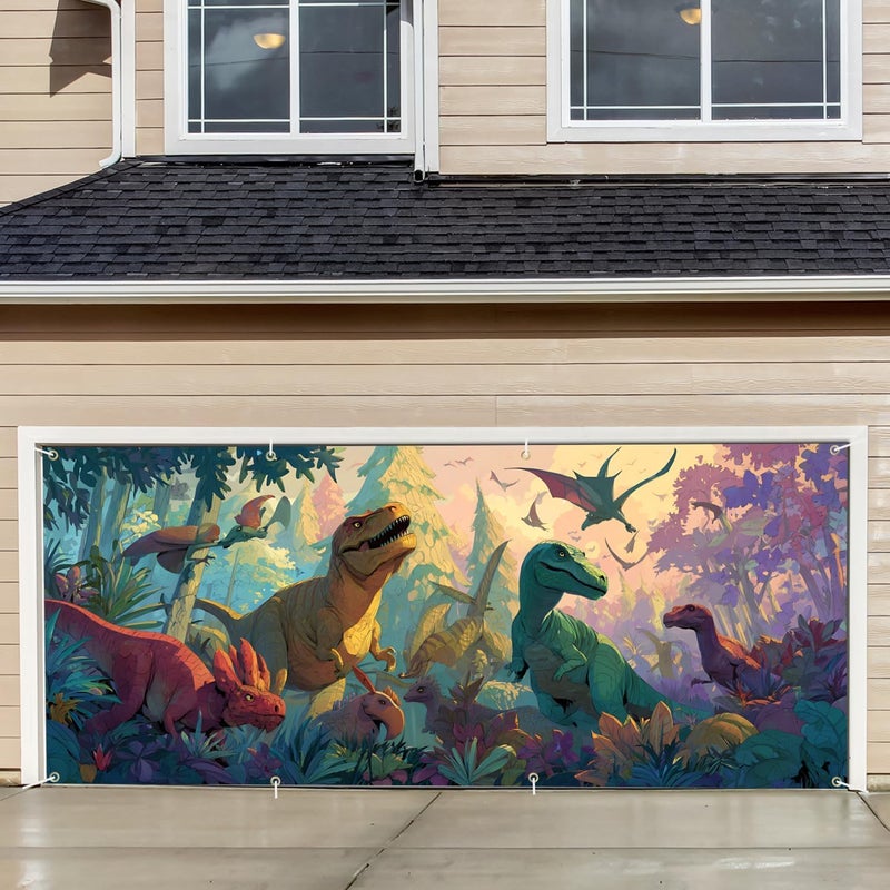 THISFIND Dinosaur Garage Door Banner – Prehistoric Jungle Scene with T-Rex, Triceratops & Pterosaurs – Outdoor Wall Mural for Home Decor, Parties & Events - Image 1